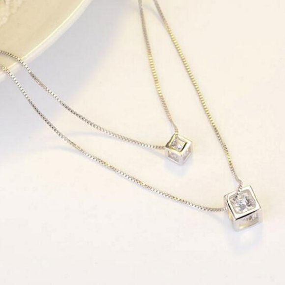 NEW 925 Sterling Silver Diamond Cube Necklace A - Picture 6 of 10